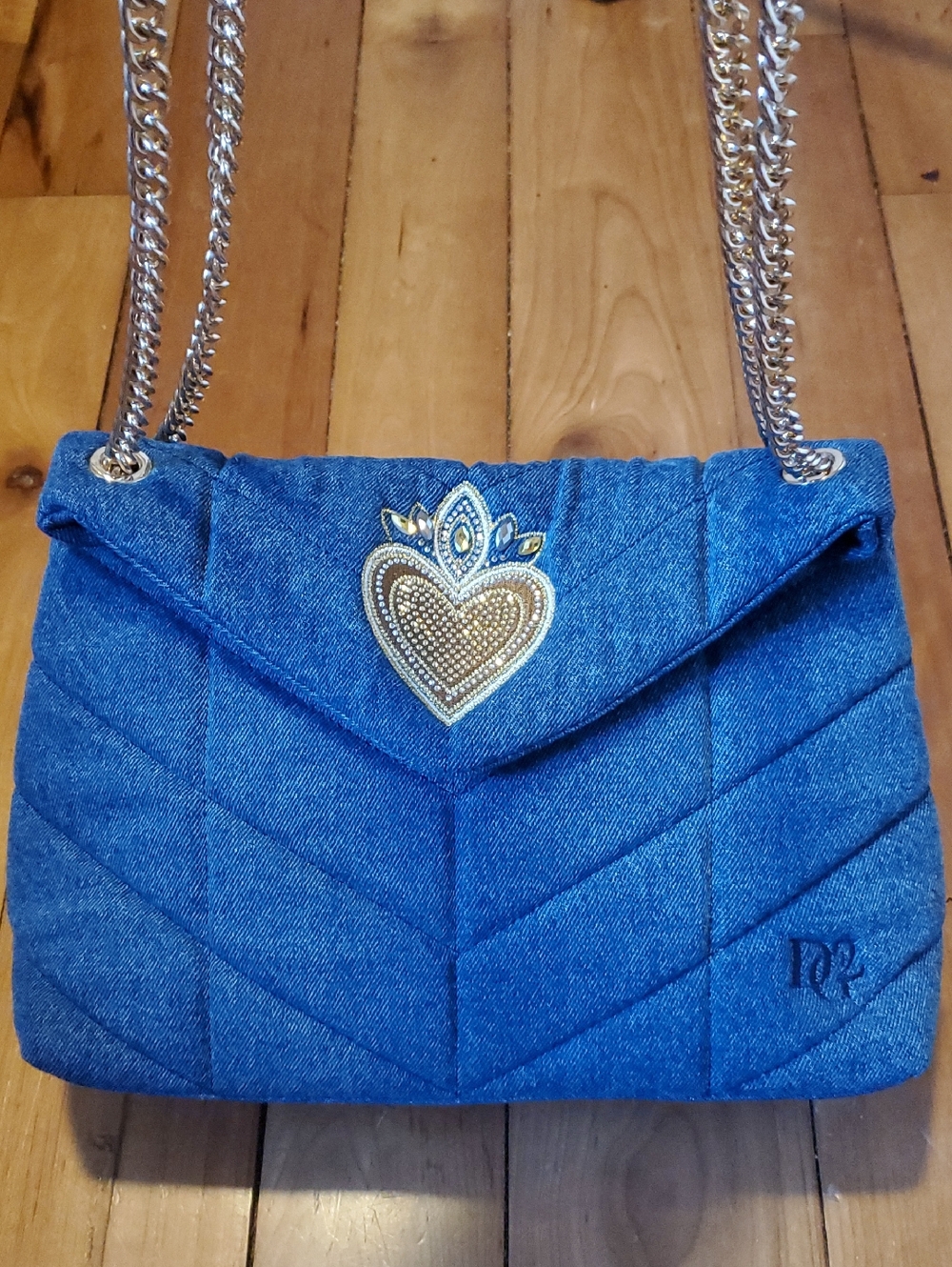 DG2 Denim Quilted  Gold Chain Strap Shoulder Bag/crossbody - Blue Embelished